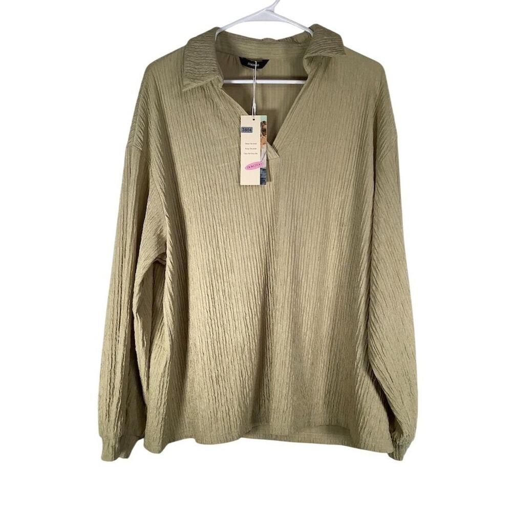 New Dokotoo Women's XL Gold Polyester V-Neck Polo Long Sleeve Blouse Casual Top